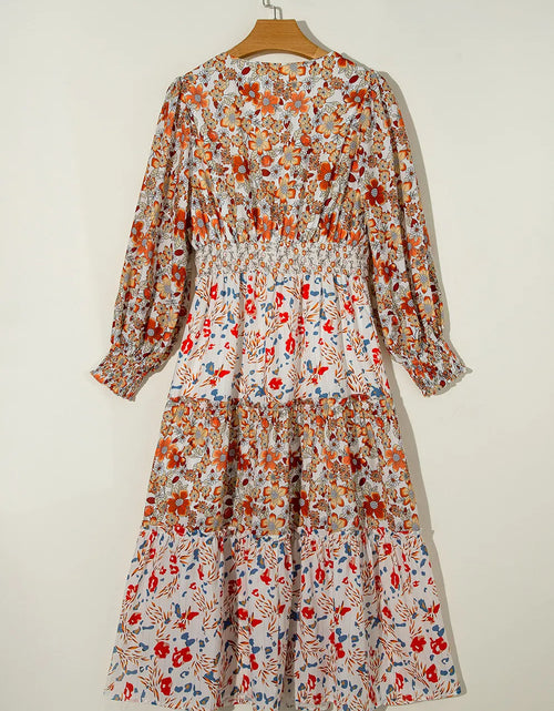Load image into Gallery viewer, Full Size Printed V-Neck Lantern Sleeve Midi Dress
