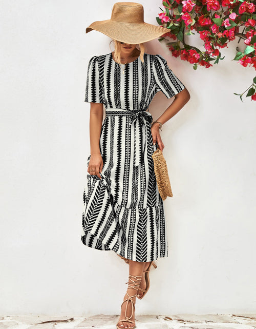 Load image into Gallery viewer, Striped Tie Belt Round Neck Puff Sleeve Dress
