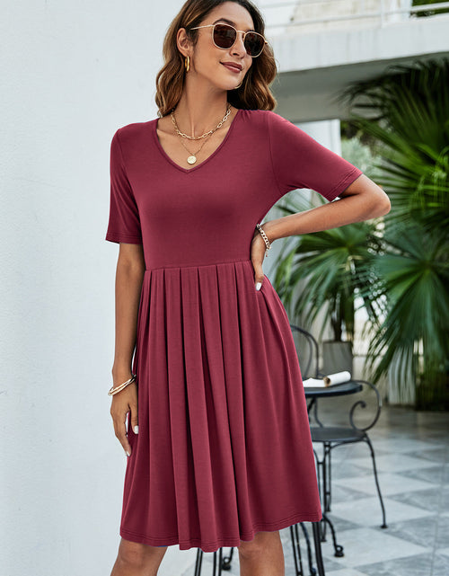 Load image into Gallery viewer, Pleated V-Neck Short Sleeve Tee Dress
