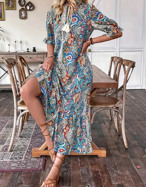 Load image into Gallery viewer, Printed Tie Neck Flounce Sleeve Midi Dress
