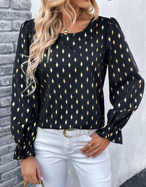 Load image into Gallery viewer, Perfee Printed Round Neck Flounce Sleeve Blouse
