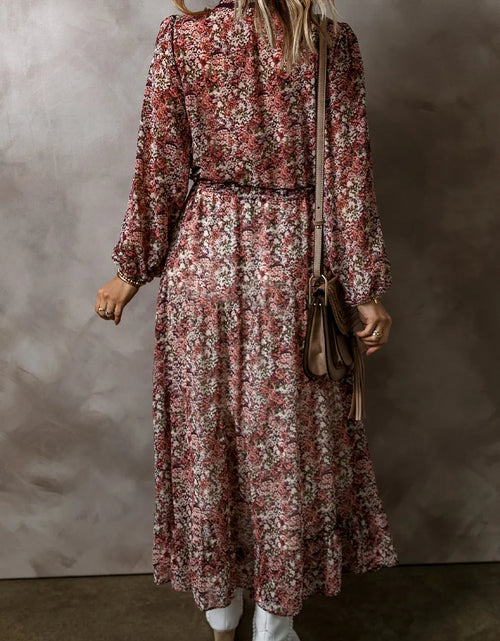 Load image into Gallery viewer, Frill Printed V-Neck Long Sleeve Midi Dress
