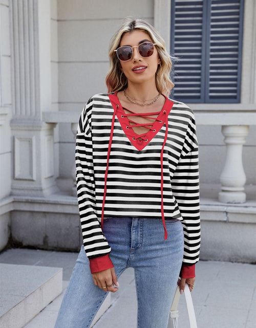 Load image into Gallery viewer, Lace-Up Striped Long Sleeve T-Shirt
