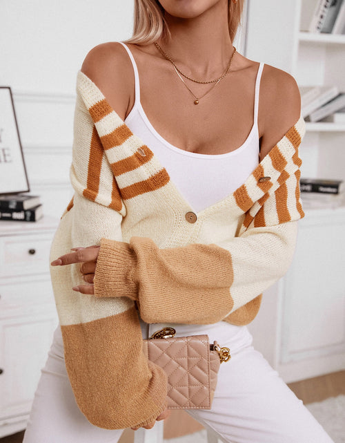 Load image into Gallery viewer, Color Block V-Neck Button Down Long Sleeve Cardigan
