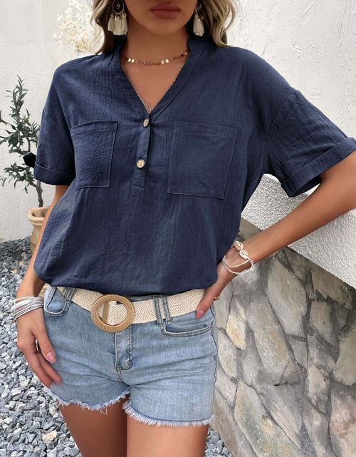 Load image into Gallery viewer, Perfee Buttoned Notched Neck Cuffed Sleeve Blouse
