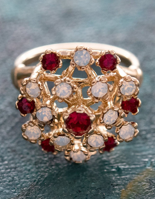 Load image into Gallery viewer, Vintage Ring Ruby Austrian Crystals and Pinfire Opals 18k White Gold Electroplate Made in the USA by PVD Vintage Jewelry
