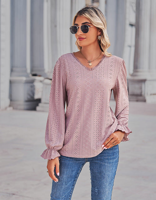 Load image into Gallery viewer, Eyelet V-Neck Flounce Sleeve Blouse
