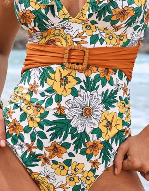Load image into Gallery viewer, Ruffled Plunge Floral One-Piece Swimwear
