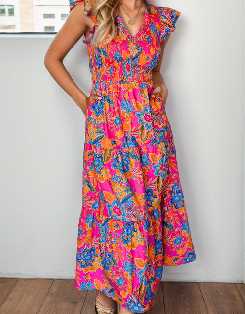 Load image into Gallery viewer, Printed V-Neck Cap Sleeve Pocketed Midi Dress
