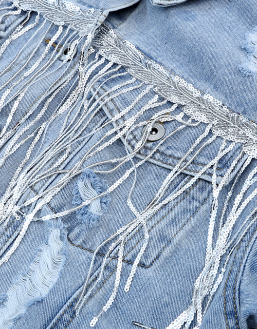 Load image into Gallery viewer, Sequin Fringe Trim Distressed Button Up Denim Jacket

