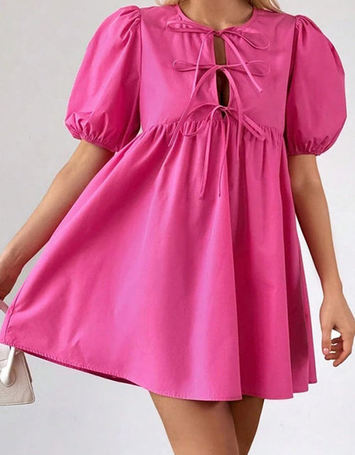 Load image into Gallery viewer, Puff Sleeve Tie Front High Waist Mini Dress
