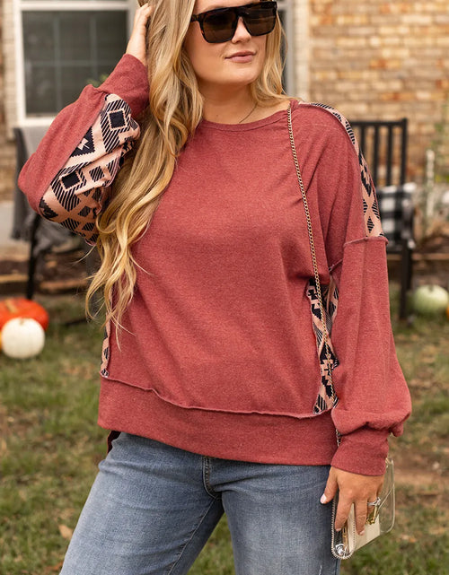 Load image into Gallery viewer, Plus Size Geometric Round Neck Long Sleeve Sweatshirt
