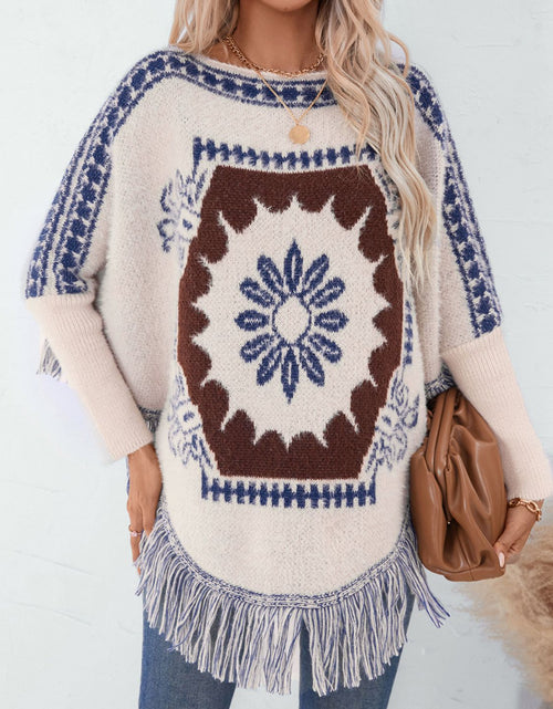 Load image into Gallery viewer, Fringe Geometric Long Sleeve Poncho

