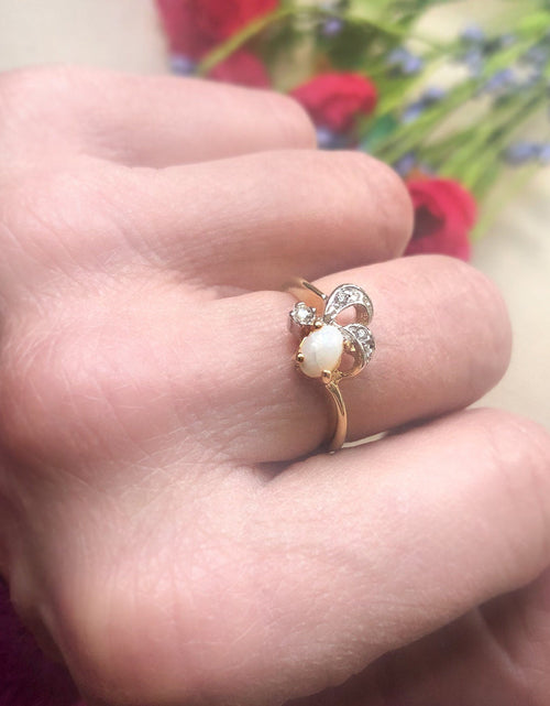 Load image into Gallery viewer, Vintage Genuine Jelly Opal and Clear Austrian Crystal Ring 18k Yellow Gold Electroplated Made in the USA by PVD Vintage Jewelry
