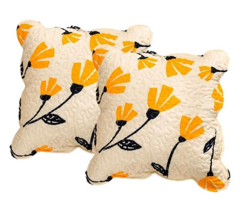 Load image into Gallery viewer, DaDa Bedding Set of 2-Pieces Yellow Fleur Floral Golden Orange Ivory Cream Scalloped Throw Pillow Covers, 18" x 18" (18112) by DaDa Bedding Collection
