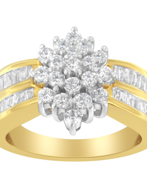 Load image into Gallery viewer, 10K Yellow Gold 1.0 Cttw Round &amp; Baguette Cut Diamond Floral Cluster Double-Channel Flared Band Statement Ring (H-I Color, SI2-I1 Clarity) by Haus of Brilliance
