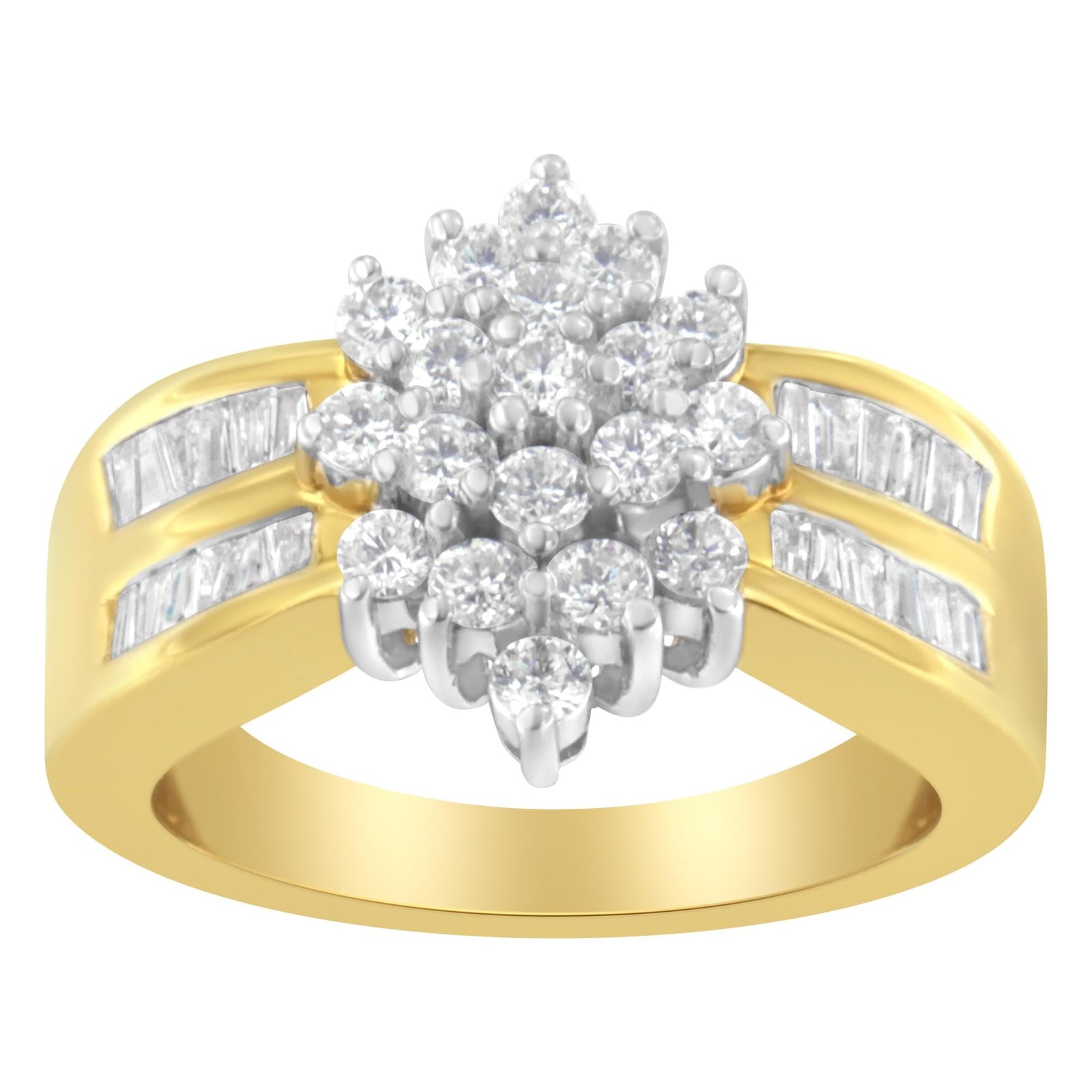 10K Yellow Gold 1.0 Cttw Round & Baguette Cut Diamond Floral Cluster Double-Channel Flared Band Statement Ring (H-I Color, SI2-I1 Clarity) by Haus of Brilliance