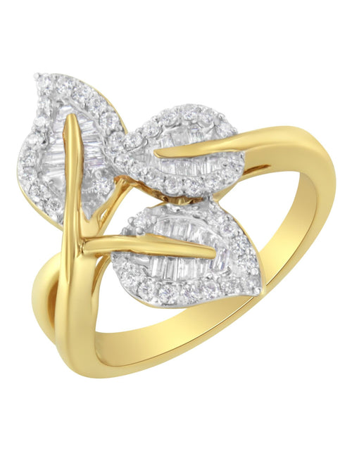Load image into Gallery viewer, 18K Yellow and White Gold Plated .925 Sterling Silver 3/8 Cttw Baguette and Round Diamond Bypass Triple Leaf Ring (I-J Color, I1-I2 Clarity) by Haus of Brilliance
