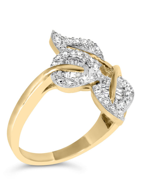 Load image into Gallery viewer, 18K Yellow Gold Plated .925 Sterling Silver 1/2 Cttw Baguette and Round Diamond Bypass Triple Leaf Ring (I-J Color, I1-I2 Clarity) by Haus of Brilliance
