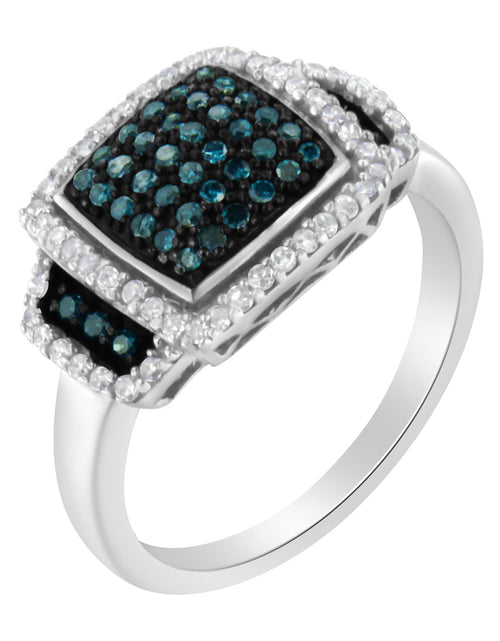 Load image into Gallery viewer, Black Rhodium Plated .925 Sterling Silver 1/2 Cttw White &amp; Blue Diamond Square Halo Cocktail Ring (Fancy Blue &amp; H-I Color, I2-I3 Clarity) by Haus of Brilliance
