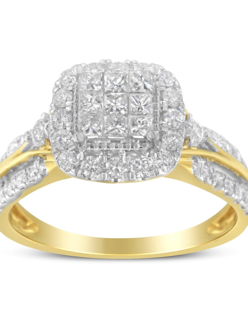 Load image into Gallery viewer, 10K Yellow Gold 1.0 Cttw Diamond Composite Cushion-Shape Halo 3-Band-Look Engagement Ring (H-I Color, SI1-SI2 Clarity) by Infinite Jewels
