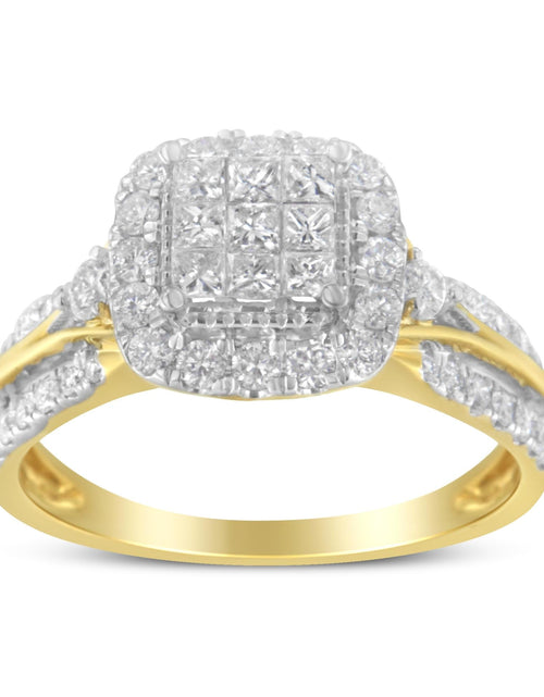 Load image into Gallery viewer, 10K Yellow Gold 1.0 Cttw Diamond Composite Cushion-Shape Halo 3-Band-Look Engagement Ring (H-I Color, SI1-SI2 Clarity) by Haus of Brilliance
