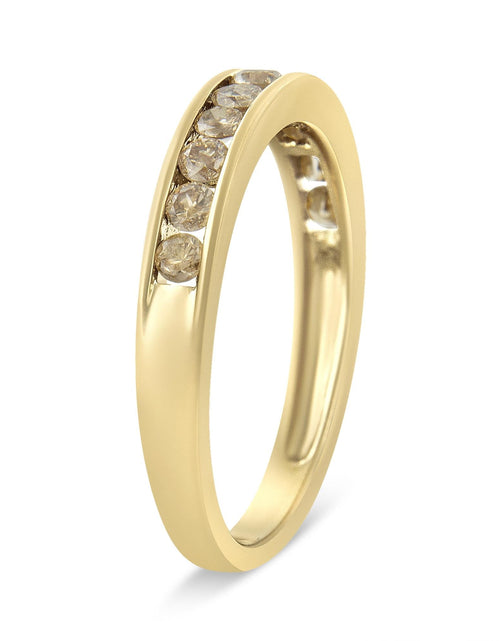 Load image into Gallery viewer, 14K Yellow Gold Plated .925 Sterling Silver 1/2 Cttw Channel Set Round Champagne Diamond 11 Stone Band Ring (K-L Color, I1-I2 Clarity) by Infinite Jewels
