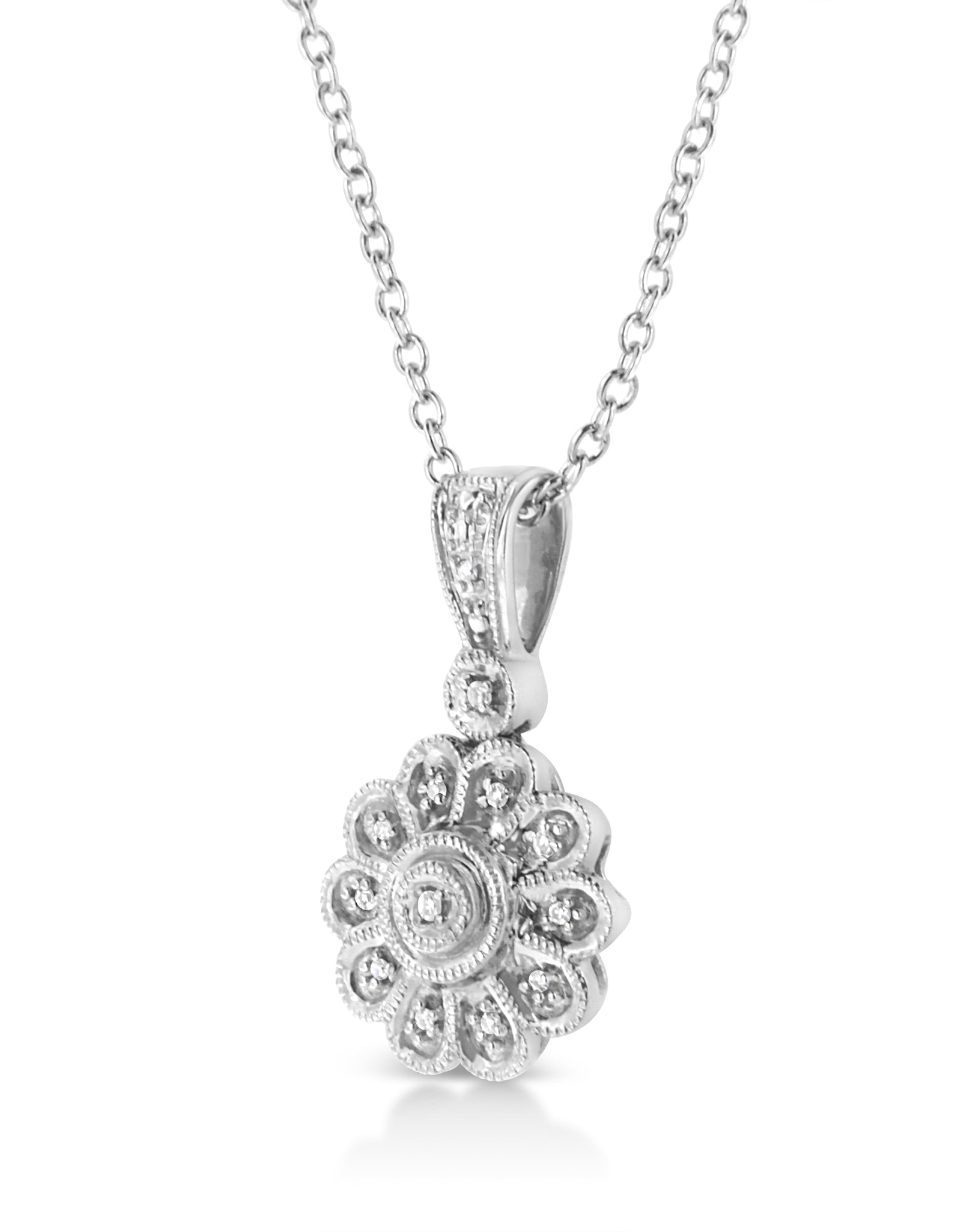 .925 Sterling Silver Diamond Accent Sunburst Milgrain 18" Pendant Necklace (I-J Color, I1-I2 Clarity) by Haus of Brilliance