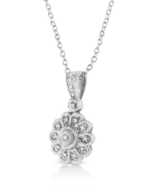 Load image into Gallery viewer, .925 Sterling Silver Diamond Accent Sunburst Milgrain 18" Pendant Necklace (I-J Color, I1-I2 Clarity) by Infinite Jewels

