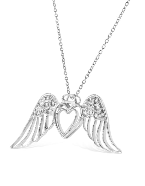 Load image into Gallery viewer, .925 Sterling Silver Pave-Set Diamond Accent Angel Wing 18" Double Heart Pendant Necklace (I-J Color, I1-I2 Clarity) by Infinite Jewels
