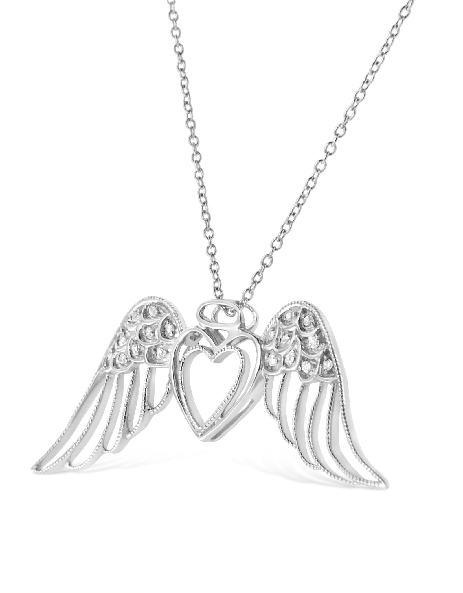 .925 Sterling Silver Pave-Set Diamond Accent Angel Wing 18" Double Heart Pendant Necklace (I-J Color, I1-I2 Clarity) by Infinite Jewels