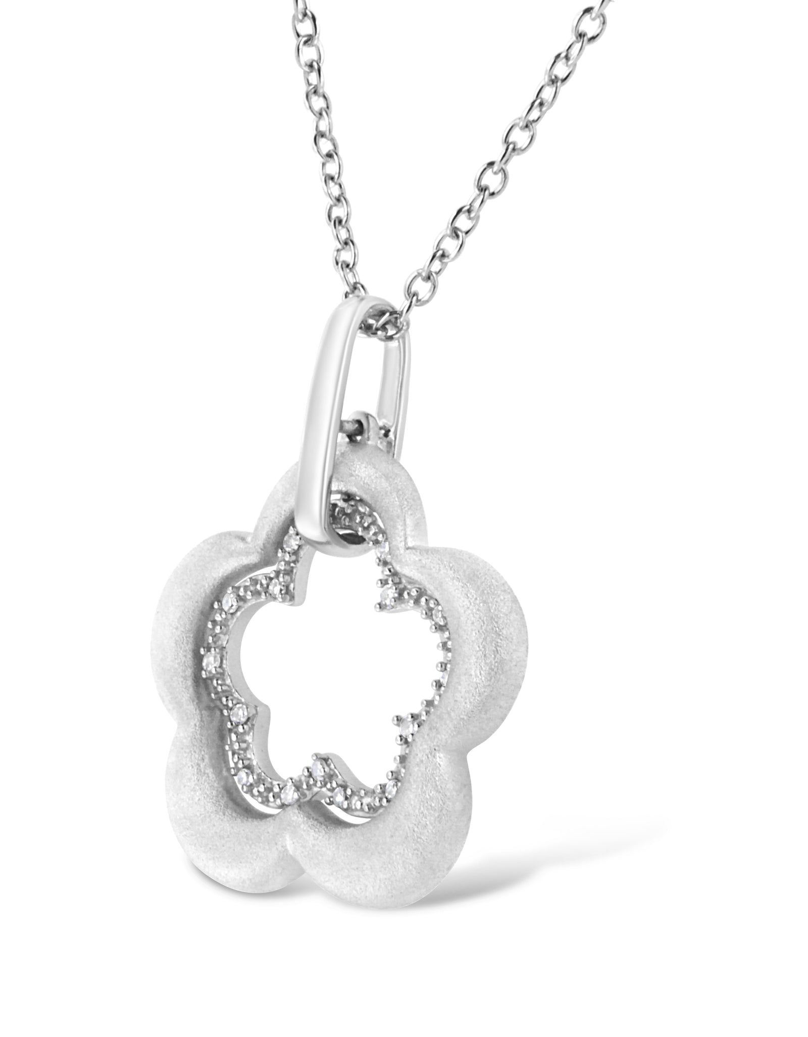 Matte Finished .925 Sterling Silver Diamond Accent Double Flower Shape 18" Satin Finished Pendant Necklace (I-J Color, I1-I2 Clarity) by Haus of Brilliance