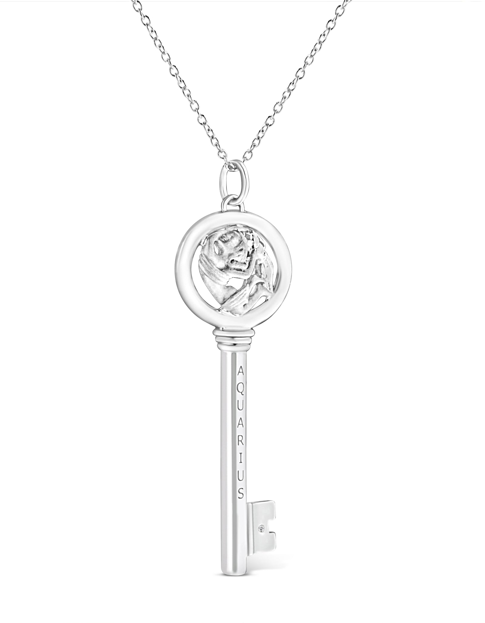 .925 Sterling Silver Diamond Accent Zodiac Key 18" Pendant Necklace (K-L Color, I1-I2 Clarity) by Haus of Brilliance