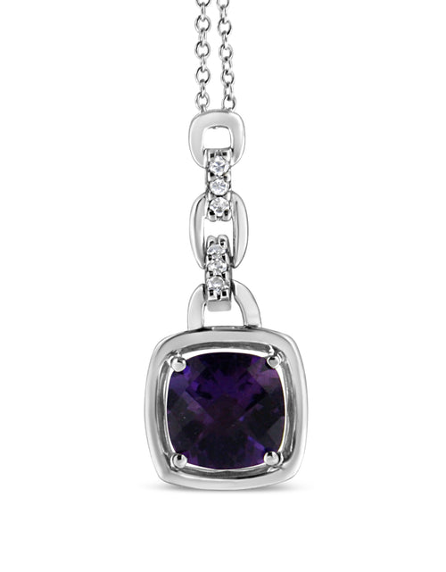 Load image into Gallery viewer, .925 Sterling Silver 6x6MM Cushion Shaped Natural Purple Amethyst and Diamond Accented Bale 18" Inch Pendant Necklace (I-J Color, I1-I2 Clarity) by Infinite Jewels

