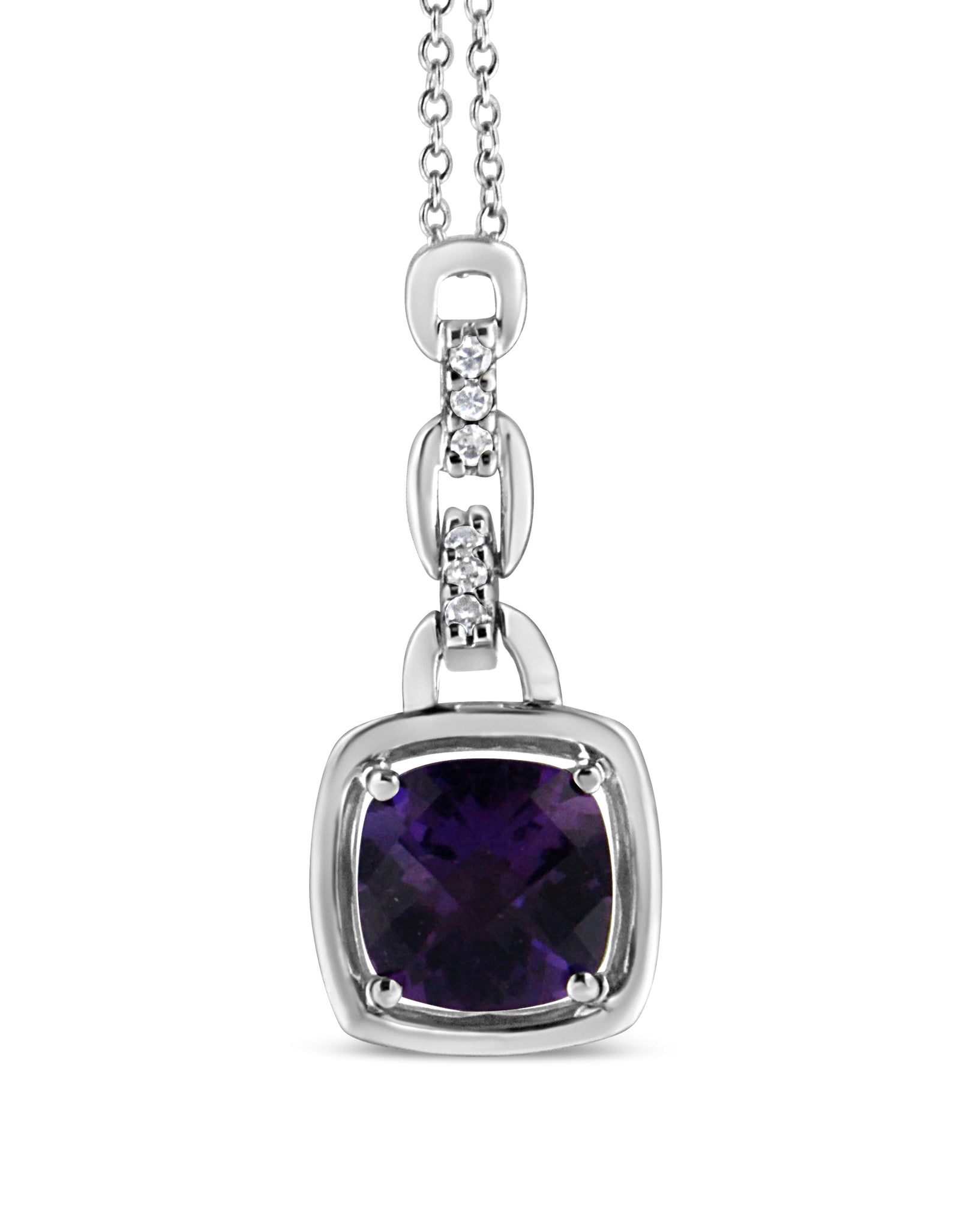.925 Sterling Silver 6x6MM Cushion Shaped Natural Purple Amethyst and Diamond Accented Bale 18" Inch Pendant Necklace (I-J Color, I1-I2 Clarity) by Infinite Jewels