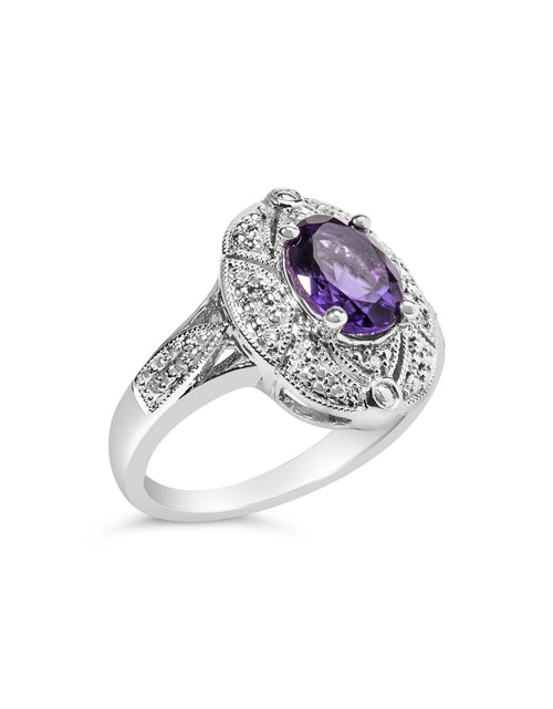 Load image into Gallery viewer, .925 Sterling Silver 9x7mm Oval Purple Amethyst and Round Diamond Accent Fashion Cocktail Ring (I-J Color, I1-I2 Clarity) by Infinite Jewels
