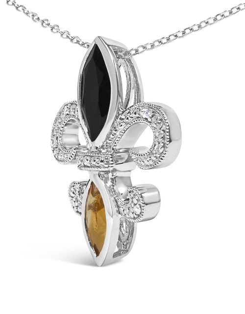 Load image into Gallery viewer, .925 Sterling Silver Marquise Onyx and Citrine and Diamond Accent Fleur De Lis Pendant Necklace (H-I Color, SI1-SI2 Clarity) - 18" by Haus of Brilliance
