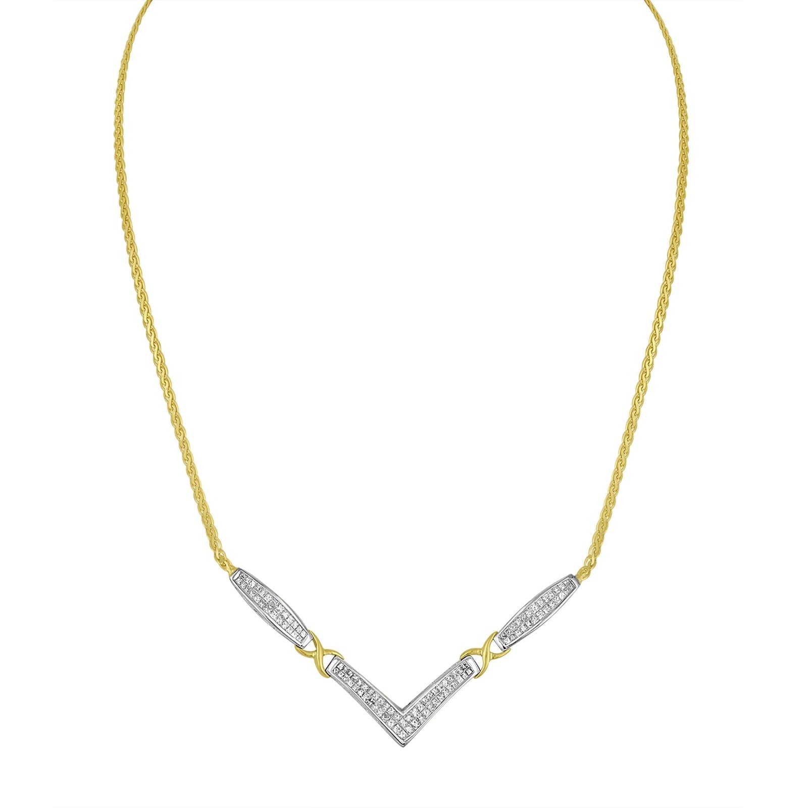 14K Yellow and White Gold 2.0 Cttw Princess Cut Diamond Flared and X-Station V Shaped 18” Franco Chain Statement Necklace (H-I Color, SI2-I1 Clarity) by Infinite Jewels