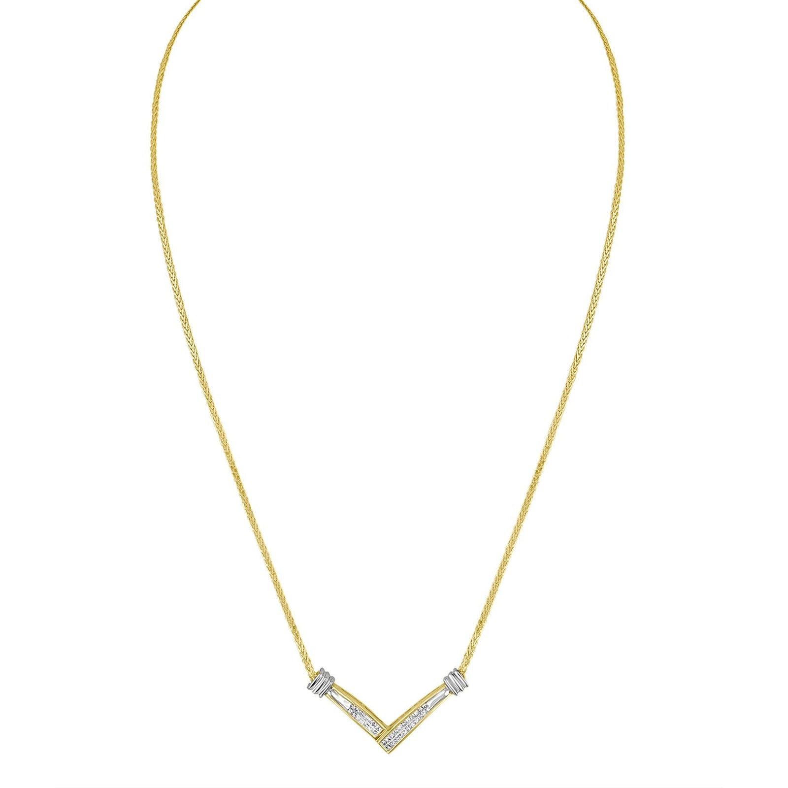 14K Yellow and White Gold 1/4 Cttw Princess Cut Diamond Channel-Set “V” Shape 18" Pendant Necklace (H-I Color, SI2-I1 Clarity) by Infinite Jewels