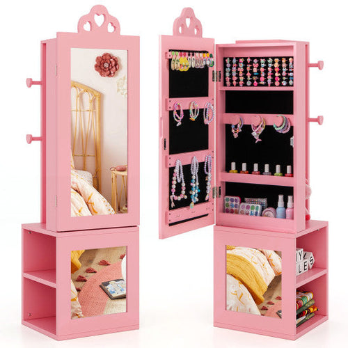 Load image into Gallery viewer, 3-in-1 Freestanding Kids Jewelry Cabinet Armoire with Full Length Mirror-Pink
