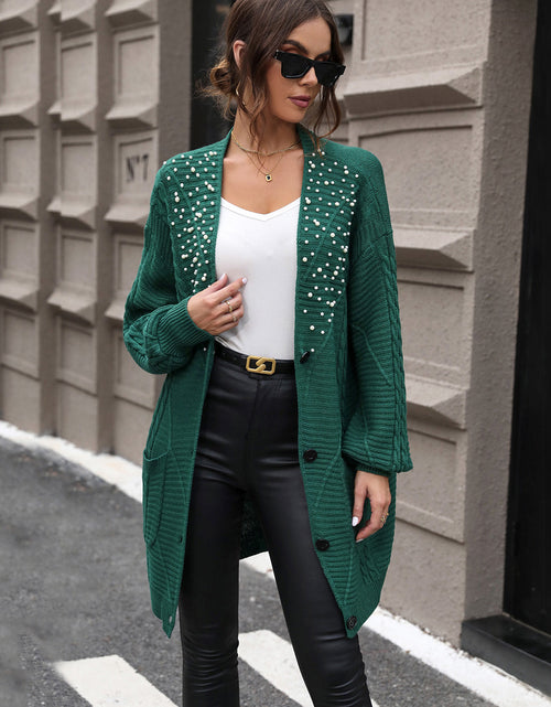 Load image into Gallery viewer, Perfee Pearl Detail Cable-Knit Button Up Cardigan
