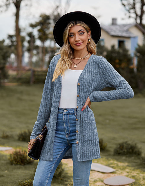 Load image into Gallery viewer, Ribbed Button-Up Cardigan with Pockets

