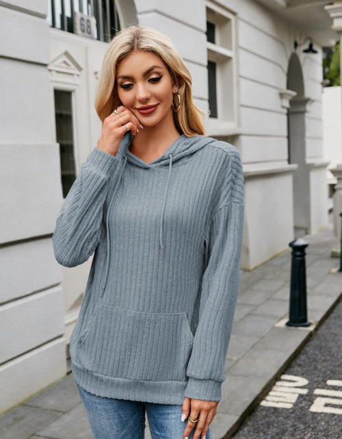 Load image into Gallery viewer, Ribbed Drawstring Long Sleeve Hoodie
