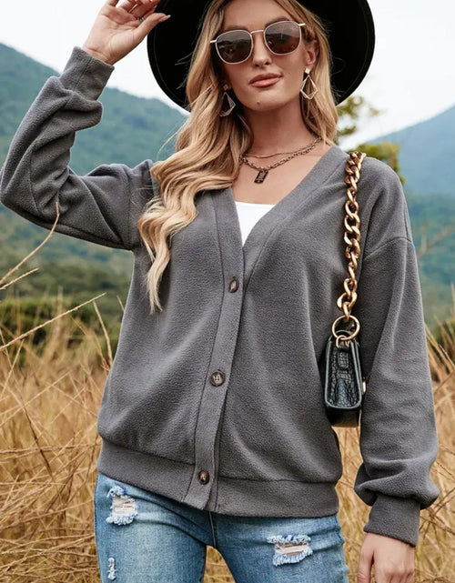 Load image into Gallery viewer, Shiny Button Down V-Neck Dropped Shoulder Jacket
