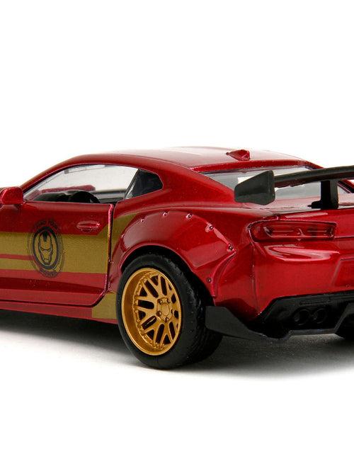 Load image into Gallery viewer, 2016 Chevrolet Camaro Red Metallic and Gold and Iron Man Diecast Figure "The Avengers" "Hollywood Rides" Series 1/32 Diecast Model Car by Jada
