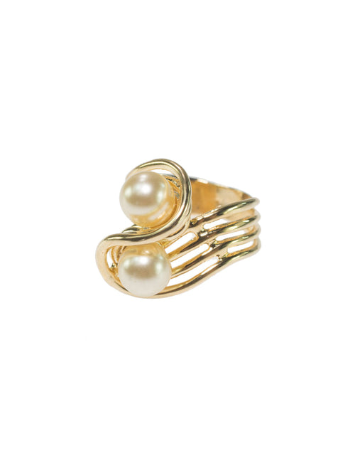 Load image into Gallery viewer, Vintage 1970's Cream Glass Pearl Ring 18k Yellow Gold Electroplated Made in USA by PVD Vintage Jewelry
