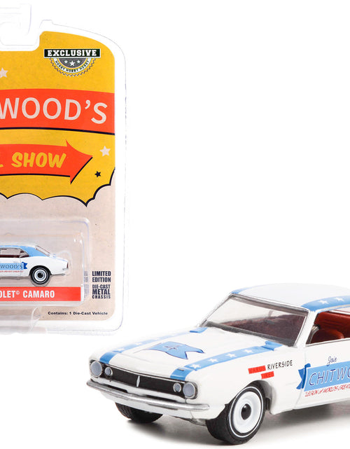 Load image into Gallery viewer, 1967 Chevrolet Camaro White with Blue Stripes "Joie Chitwood’s Thrill Show: Legion of Worlds Greatest Daredevils" "Hobby Exclusive" Series 1/64 Diecast Model Car by Greenlight
