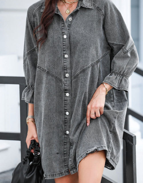 Load image into Gallery viewer, Distressed Collared Neck Flounce Sleeve Denim Dress
