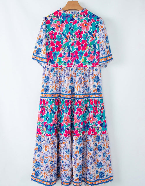 Load image into Gallery viewer, Mixed Floral Print Tie Neck Short Sleeve Dress
