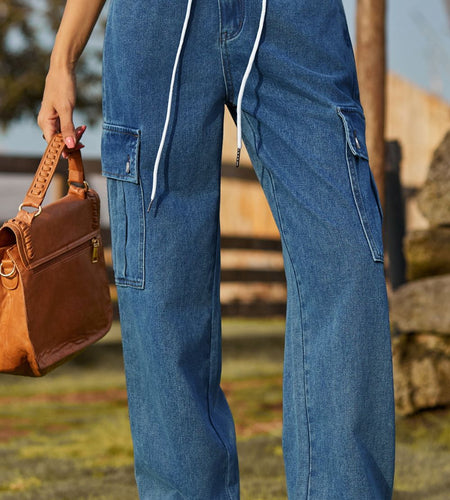 Loose Fit Drawstring Jeans with Pocket